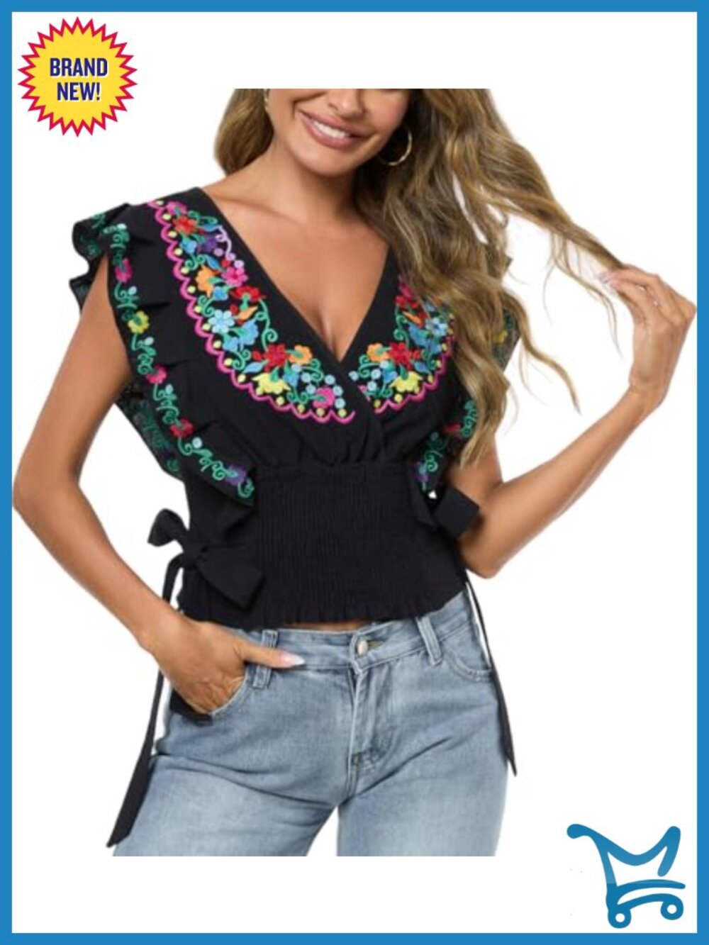 Women Mexican Embroidered Off-Shoulder Flutter Sleeve Tank Top Boho Cotton - Picture 5 of 6